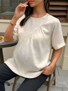 Dazy Maternity 小圓領套頭短袖白色春夏百搭日常穿著孕婦上衣 - 杏色 - 查看 5