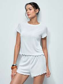 Softvol 2pcs Women European & American Style Jacquard Ruffle Trim Short Sleeve & Shorts Pajama Set, Casual Round Neck Loungewear For Summer - White - View 6