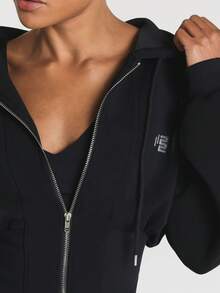 11SKNDS Kurz geschnittener Kapuzenpullover mit Reißverschluss und Kordelzug, Oversized lange Ärmel, lässiges Fleece-Oberteil für den Alltag im Herbst und Winter zum Layering - Schwarz - Übersicht 5