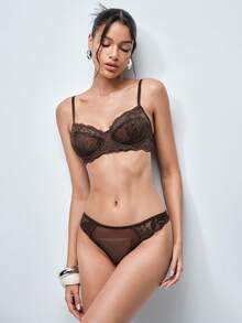 Softvol 1 Set Women's Solid Color Lace Comfortable Sexy Lingerie Set - Chocolate Brown - View 5