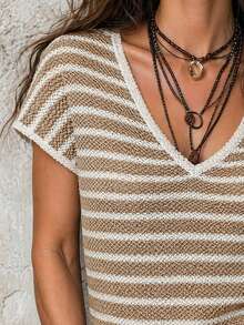 LUMIGAL Horizontal Striped V-Neck Trimmed Cuff Short Sleeve Fitted Knit Top - Multicolor - View 6