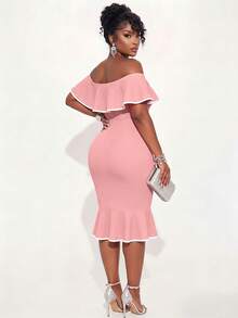 Poshavie Poshavie Women's Elegant Party Daily Wedding Date Oblique Off Shoulder Strapless Mermaid Ruffle Hem Fitted High Waist Contrast Color Dress - Pink - View 4