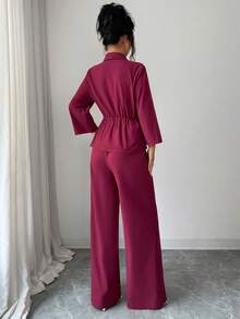 Elenzga Women's Autumn Casual Cotton Solid Color Cinched Waist Top Long Pants 2 Pieces Set Home Commute Vacation Office Brunch Bright Magenta - Burgundy - View 2