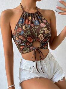 Breezaya 女款夏季豹紋鏤空綁帶短版上衣 圖案豹紋 T-shirt 女裝上衣 - 彩色 - 查看 4