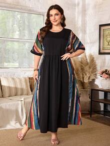 Lacomfia Vestido casual de mujer para primavera/verano con rayas de colores contrastantes, manga corta, talla grande - Negro - Ver 5