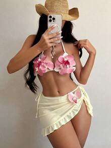 Swim SXY Bộ bikini 3 món thời trang mới gồm áo bikini hai dây buộc cổ họa tiết hoa lan 3D, quần bikini tam giác buộc dây và váy mini xếp ly bằng vải lưới (họa tiết hoa ngẫu nhiên). - Màu vàng - Xem 1