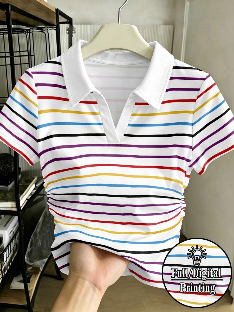 Franclia 女款收腰短袖修身抓皺腰部條紋印花圖案 Polo T恤上衣 - 彩色 - 查看 1