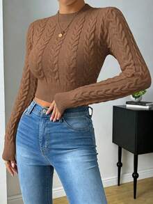 SHEIN Raffinéa Áo len croptop màu trơn phong cách thường ngày đa năng - màu nâu - Xem 8