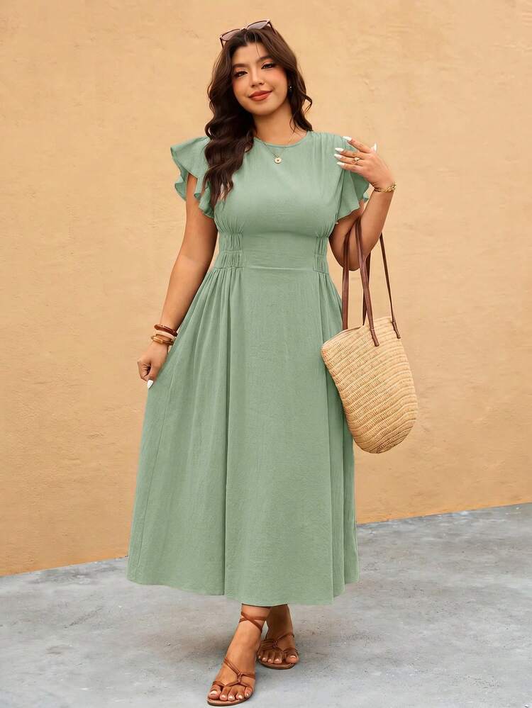 Elaquor Plus Size Solid Color Waist-Cinching Casual Vacation Dress - Mint Green - View 4