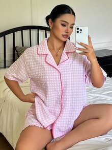 Dazy Plus Summer Sweet Plaid Trim Short Sleeve Ruffle Shorts Set Plus Size Women Spring Summer Pink Cute Pajama Set - Pink - View 9