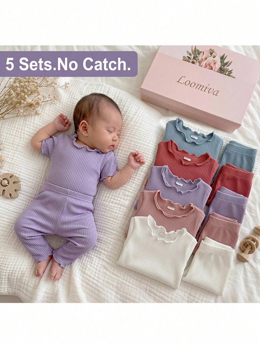 Loomiva Newborn Baby Girl Baby Boy Unisex All-Season Solid Color Versatile Knit Ribbed Soft Comfortable T-Shirt And Pants Basic Style Multi-Set 10pcs Washable Versatile Indoor Outdoor Holiday Multiple Occasions Suitable - Multicolor - View 1