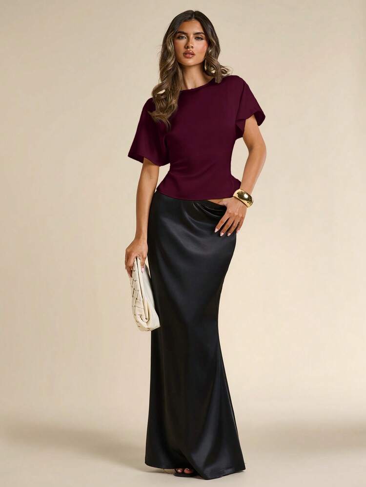 SHEIN BAE Atasan Wanita Elegan Berwarna Putih Satin dengan Tali Bahu dan Potongan Pinggang yang Mempertegas Bentuk Pinggang, Atasan Putih, Atasan Elegan - Merah tua - View 4