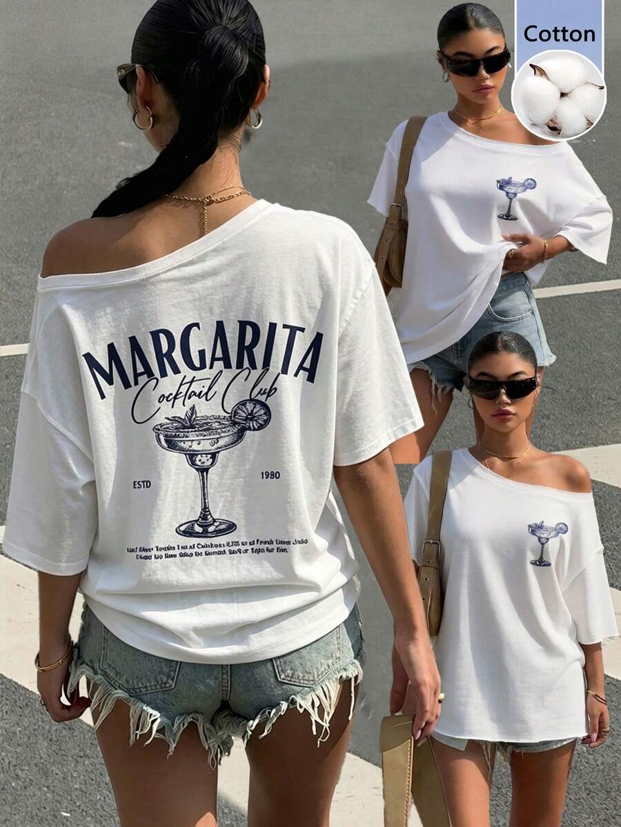 Muchica 休閒度假風藍色雞尾酒印花圖案不對稱單肩短袖寬鬆女款T恤,適合春夏穿著 - 白色 - 查看 1