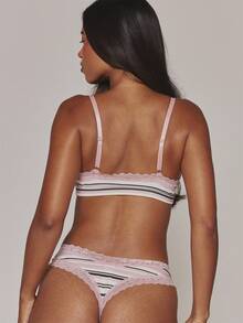 MUSERA Pink Multicolour Stripe Lace Trim Bow Detail Thong Knicker - Pink - View 5