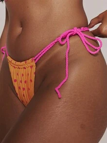 Musera Resort Orange Hot Pink Polka Dot Underwired Ruched Bust Bikini Top With Tie Side Bottoms - Yellow - View 6