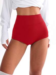 SHEIN Solid Color High Waist Seamless Mini Sports Shorts - Burgundy - View 7