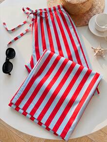 SHEIN EZwear 女款休閒綁帶腰直筒長褲，適合夏季穿著 - 彩色 - 查看 3