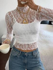 SHEIN EZwear Women's French Style Sexy Elegant Lace Sheer Delicate Long Sleeve Top Night Out Date Night White Floral Autumn - White - View 6