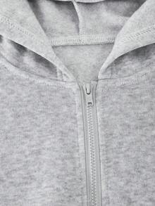 1件女童淺灰色時尚休閒連帽拉鍊寬鬆印花運動衫與高腰刷毛抓絨連身褲，適合室內/戶外運動、學校、街頭及任何場合，春/秋/冬 - 灰色 - 查看 7