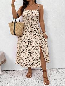 Embrisa Casual Minimalist Style Apricot Base Colorful Small Geometric & Leopard Print All-Over Pattern Plus Size Women's Mid-Length Dress, Suitable For Spring/Summer Vacation - Multicolor - View 6