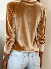 SHEIN LUNE Blusa de moda para mujer de unicolor con cuello de capucha y mangas raglán largas - Dorado - Ver 2