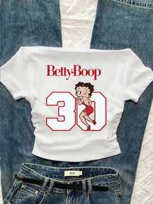 Attitoon Betty Boop x SHEIN 女款休閒抓皺腰方領 Betty 聯名修身短袖 T 恤，適合夏季，時尚 Y2K 風格 - 白色 - 查看 2