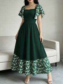 Modelyn Daisy Print Green Shore 女款花卉洋裝，時尚方領短袖洋裝，下擺拼接荷葉邊設計，夏季度假風洋裝 - 彩色 - 查看 4