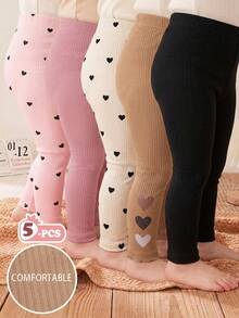 SHEIN Vintaside Kids 5件套女宝宝可爱爱心打底裤，柔软舒适，弹性十足，亲肤透气，秋冬季必备，多种颜色可选 - 彩色 - 查看 3