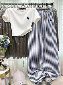 Vintage Fashion Mini Logo Pattern, Casual Striped Long Pants, Teen Girls Casual Vacation Summer 2-Piece Set Suitable For Casual Spring/Summer Daily Wear, Street Style, Outings, Campus - Multicolor - View 1