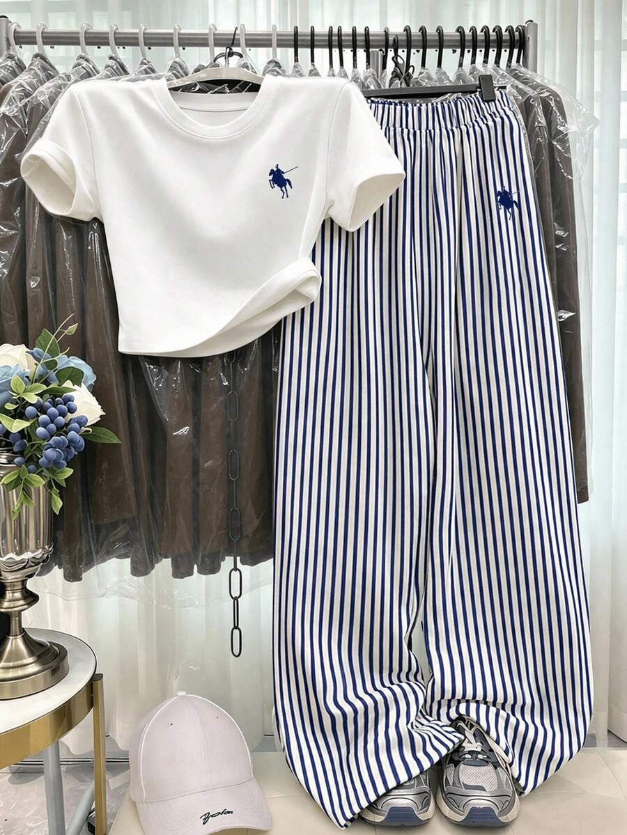 Vintage Fashion Mini Logo Pattern, Casual Striped Long Pants, Teen Girls Casual Vacation Summer 2-Piece Set Suitable For Casual Spring/Summer Daily Wear, Street Style, Outings, Campus - Multicolor - View 1