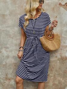 EMERY ROSE Vestido casual de verano para mujer con rayas, cintura con cordón y bolsillos sesgados - Azul Marino - Ver 4