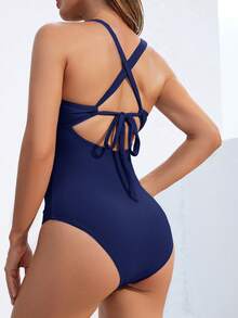 Voyashape Women's Solid Color Ruched One-Piece Swimsuit, Suitable For Beach Vacation, Pool Party, Beach Party Navy Blue Summer Elegant Bohemian - Navy Blue - View 2