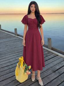 Modelyn Women's Spring/Summer Yellow Woven Short Sleeve Cinched Waist A-Line Burnout Pleated Elegant Romantic Mid-Length Dress - Burgundy - View 8