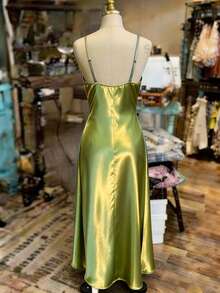SHEIN Franclia 女款休閒度假洋裝，垂領設計，雙色奢華面料，細肩帶，夏季百搭，性感優雅，適合晚餐場合，綠色 - 綠色 - 查看 2