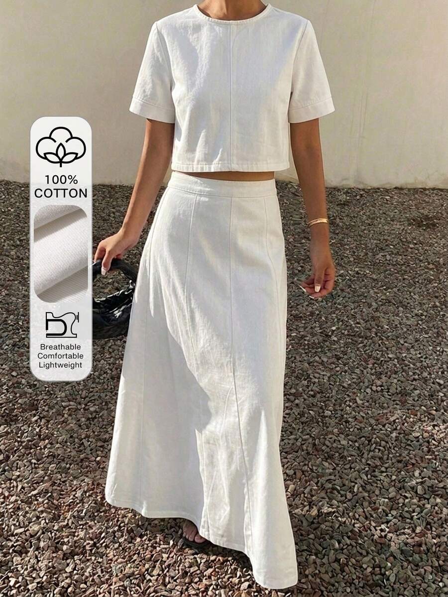 Livesso 女款夏季短袖白色丹寧短版上衣與高腰修身A字長裙丹寧套裝 - 白色 - 查看 1