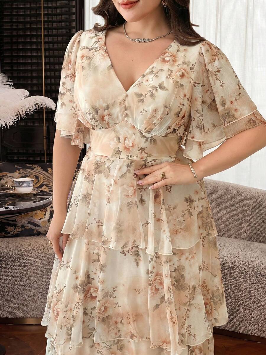 Modelyn Plus Size Women's V-Neck Floral Print Pleated Elegant Party Dress - Apricot - View 1