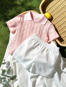 SHEIN Vintaside Kids 男嬰夏季領口短袖簡約休閒套裝，搭配百搭時尚白色短褲，適合日常休閒、公園散步或旅行度假 - 粉色 - 查看 3