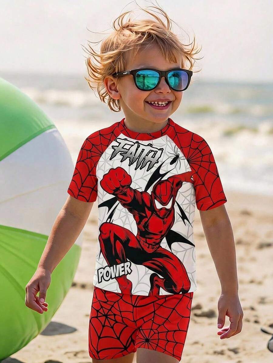 Conjunto de ropa de baño informal para niño pequeño con camiseta de manga corta de cuello redondo y pantalones cortos, adecuado para el verano - Multicolor - Ver 1