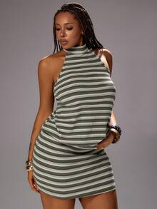 Rustia Plus Size Striped Casual Bodycon Dress - Green - View 4