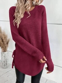 SHEIN LUNE Women's Solid Color Round Neck Raglan Long Sleeve Casual Pullover Sweater - Red Violet - View 1