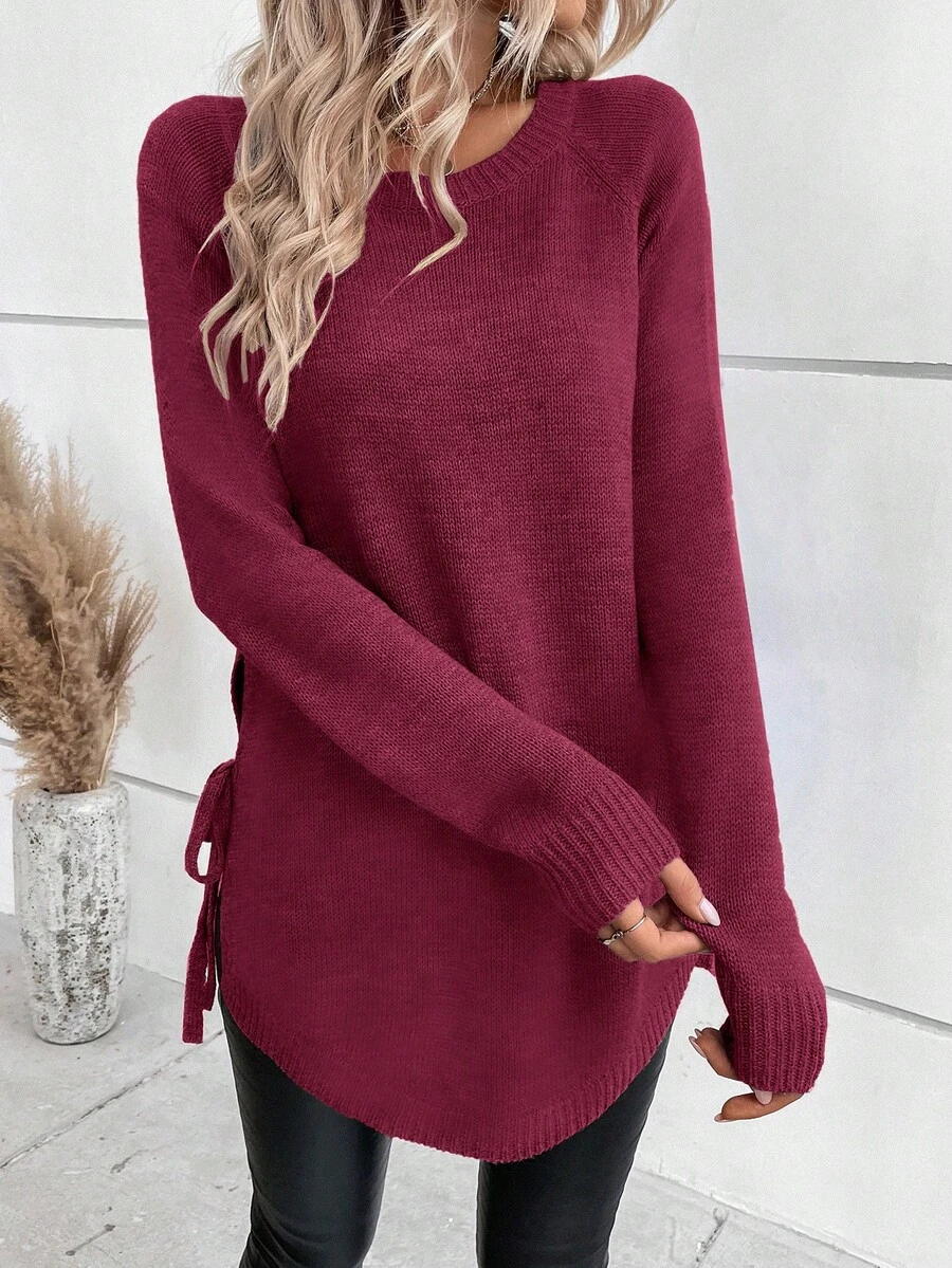 SHEIN LUNE Women's Solid Color Round Neck Raglan Long Sleeve Casual Pullover Sweater - Red Violet - View 1