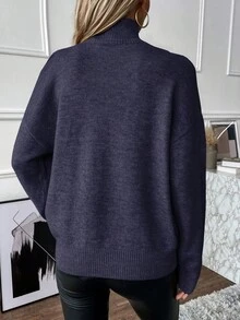 SHEIN LUNE 秋冬休閒純色高領露肩毛衣 - 藏蓝色 - 查看 3