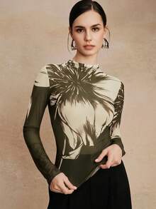 Anewsta Elegant Elegant Slim Fit Semi-High Neck Coffee Brown T-Shirt Women Long Sleeve Premium Vintage Print Mesh Base Layer Top - Army Green - View 6