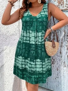 SHEIN LUNE 大码女式夏季不对称渐变印花无袖连衣裙，大码A字廓形，度假/假日连衣裙 - 彩色 - 查看 3