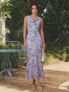 Enchnt Embroidered Cowl Neck Bodycon Dress, Romantic Elegant Summer Vacation Style Vacation Lavender - Purple - View 4