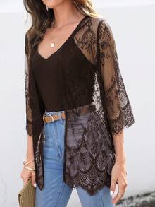 SHEIN VCAY 女款蕾絲性感海灘度假和服式罩衫 - 棕色 - 查看 6