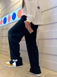 Manfinity Hypemode Pantalones de chándal holgados de pierna ancha de unicolor para hombre - Negro - Ver 2
