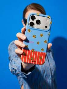 ShellaStory 時尚亮片星星條紋圖案手機殼，適用於 iPhone 17 Pro Max、17 Pro、16、14、13、15 Pro Max、14、15、16 Plus、14、15、13、16、17，時尚閃亮對比色保護殼 - 藍紅色 - 查看 2