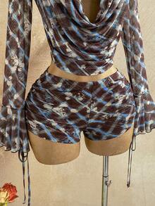 Soleia Draped Neck Mesh Plaid Drawstring Set Night Out Club Brown Plaid Autumn Sexy Holiday Outfits Western Outfits For Women - Multicolor - View 4
