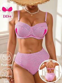 Swim DD+ Women's Blue Striped Underwire DD+ Cup Supportive Bust Enhancing Slimming 2-Piece Swimwear, Suitable For Beach & Holiday - Multicolor - View 3